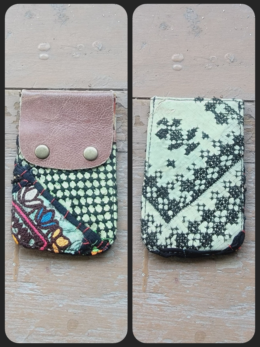 Free People embroidered banjara boho repurposed vtg leather wallet card case
